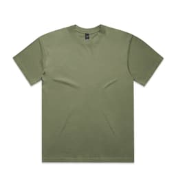 A faded green t-shirt with a round neck, short sleeves, and a branding logo.
