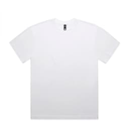 A white T-shirt featuring a simple design and a logo on the label.