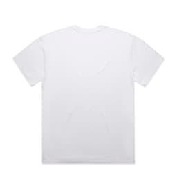 A white tee shirt with a relaxed fit and a logo on the back.