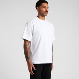A white t-shirt with a loose fit, featuring a simple design and a logo on one side.