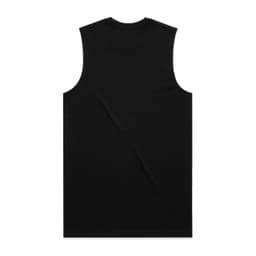 A black sleeveless tank top with a plain design and a logo on the back.
