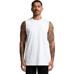 A white sleeveless tank top worn by a model, featuring a branding logo, displayed against a plain background.