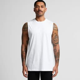 A fitted white singlet tank top displayed on a model with tattoos, featuring a logo on the front.