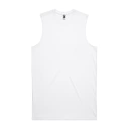 A plain white sleeveless tank top with a logo at the neck. It's smooth and simple in design.