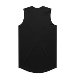 A black sleeveless tank top with a curved hem and a logo on the back.