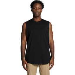 A black sleeveless tank top with a plain design, featured on a model. The product has a logo.