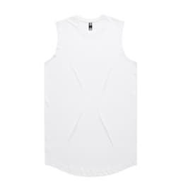 A white sleeveless tank top with a curved hem, featuring a logo at the neck.