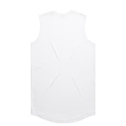 A white sleeveless tank top with a curved hem, featuring a branding logo on the back.