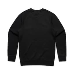 A black jumper features a simple and smooth design with a round neckline and long sleeves. It has a logo on the back.