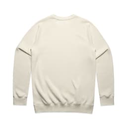 A cream-coloured sweater featuring a simple design and a branding logo on the back.