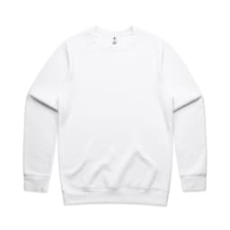 A white jumper with long sleeves and a round neck, featuring a branding logo on the inside.