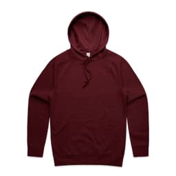 A maroon hoodie featuring a kangaroo pocket and a drawstring hood, with a logo on the design.