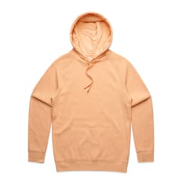 A peach-coloured hoodie featuring a front pocket and a drawstring hood, with a logo on the front.