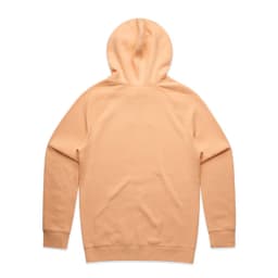 A plain peach-coloured hoodie with a hood and raglan sleeves, featuring a small logo on the back.