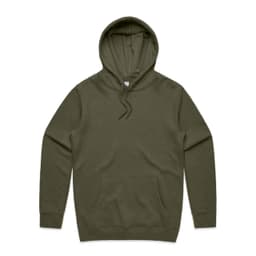 An olive green hoodie with a front pocket and a drawstring hood, featuring a logo.