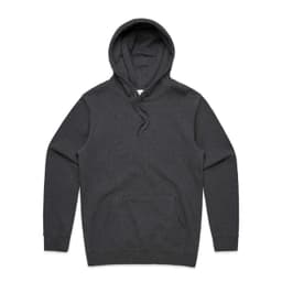 A grey hoodie featuring a front pocket and a drawstring hood, with a branded logo.