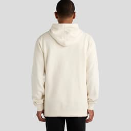 A cream-coloured hoodie with a back view, featuring a hood and long sleeves. It has a logo on the garment.