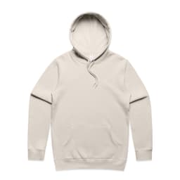 A beige hoodie with a front pocket and a drawstring hood, featuring a logo on one side.