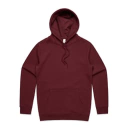 A maroon hoodie with a front pocket and a hood, featuring a subtle logo.