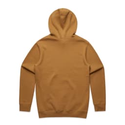 A brown jumper with a hood, featuring long sleeves and a plain back. It has a logo on it.