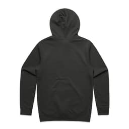A dark grey hoodie featuring a hood and long sleeves, showcasing a plain back view.