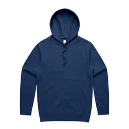 A navy blue hoodie with a front pocket and a hood, featuring a logo on the inside label.