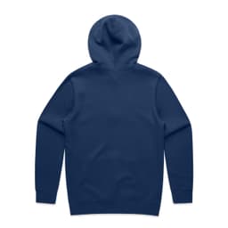 A navy blue hoodie featuring a back view and a hood. It has a simple, unembellished design and includes a branding logo.