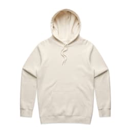 A light cream hoodie featuring a front pocket and a drawstring hood. The garment has a subtle logo on it.