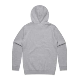 A grey hoodie featuring a hood and long sleeves, with a plain back and a logo.