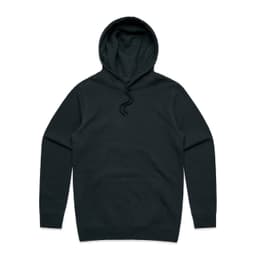A black hoodie with a front pocket and a drawstring hood. It features a logo on the design.