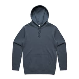 A grey hoodie featuring a front pocket and a drawstring hood. The product includes a logo.