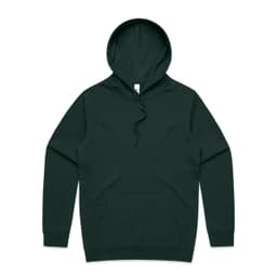 A dark green hoodie with a front pocket and a drawstring hood. It features a small logo on the label.