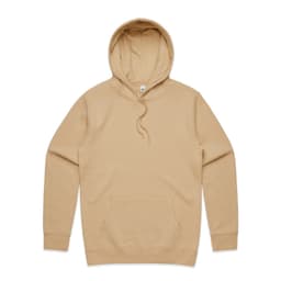 A beige hoodie featuring a front pocket and a drawstring hood. It has a branded logo on it.
