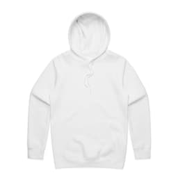 A white hoodie with a front pouch pocket and a drawstring hood. It features a logo on the front.
