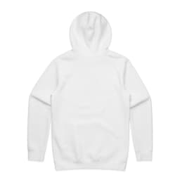 A white hoodie with a hood, featuring long sleeves and a plain design on the back.