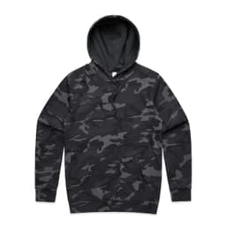 A camo-patterned hoodie in shades of grey and black, featuring a large hood and a front pocket.