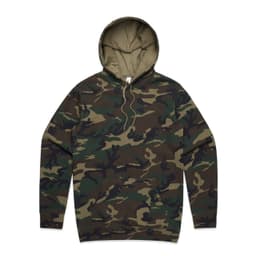 A camouflage hoodie featuring shades of green and brown, with a drawstring hood and a front pocket.