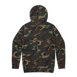 A camouflage hoodie in various shades of green and brown, featuring a hood and a logo.