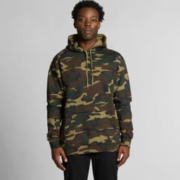 A camouflage hoodie in shades of green and brown, featuring a front pocket and a drawstring hood.