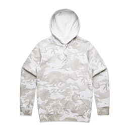 A camouflage-patterned hoodie in shades of white and grey, featuring a front pouch pocket and a drawstring hood.