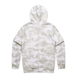 A hooded jumper in a light grey camo pattern, featuring a logo on the back.