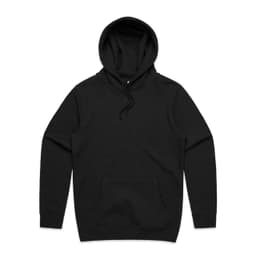 A black hoodie with a front pocket and a drawstring hood. It features a logo on the chest area.