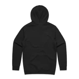 A black organic hoodie with a hood and long sleeves, featuring a logo on the back.