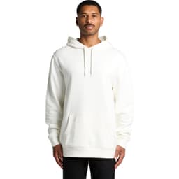 A man wearing an organic, cream-coloured hoodie with a front pocket and a hood. The hoodie has a logo.
