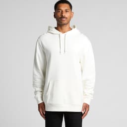 A white hoodie with a front pocket and drawstring hood, featuring a logo on the chest.