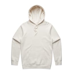 A cream-coloured hoodie with a front pocket and a drawstring hood. It features a logo on the front.