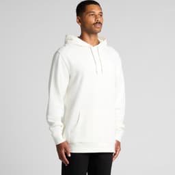 A light cream hoodie with a front pocket and an adjustable hood, featuring a logo.