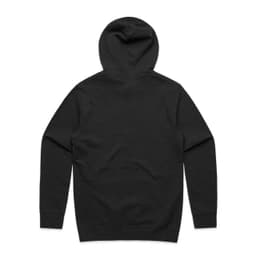 A black hoodie featuring long sleeves and a hood, with a simple design. It has a logo on the back.