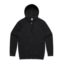 A black zip-up hoodie with a hood and long sleeves, featuring a logo on it.