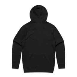 A black hooded jumper with a simple design and a logo on the back.